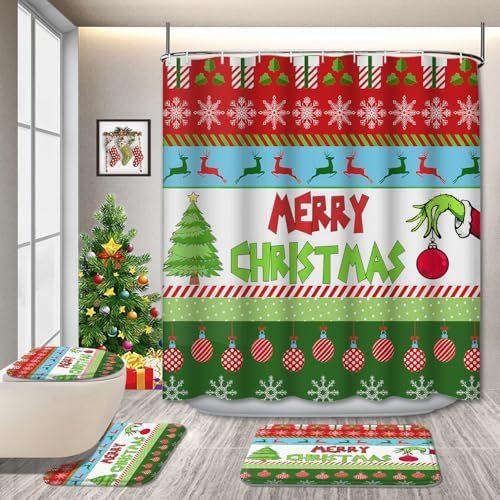 Christmas 4-Piece Bathroom Curtains Christmas Tree Snow Shower Curtain Non-Slip Bath Mat U-Shaped Bathroom Mat Toilet Cover