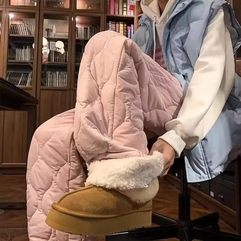 Tykkere fleeceforede bomullsbukser for kvinner Varm avslappet kuldebestandig ekstrem kulde bomull vide ben bukser dame