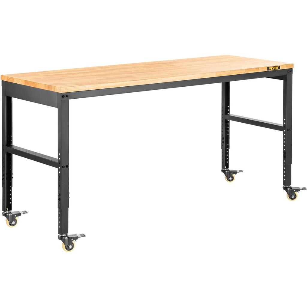 Workbench Adjustable Height, 155 x 51 cm Garage Table w/ 80 – 105 cm Heights & 720KG Capacity, with Power Outlets & Hardwood Top & Metal Frame &
