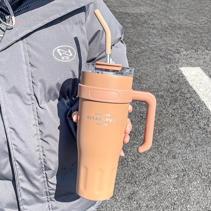 Tazza termica a doppia bevanda di grande capacità con cannuccia e manico - Ideale per sport all'aperto e ufficio