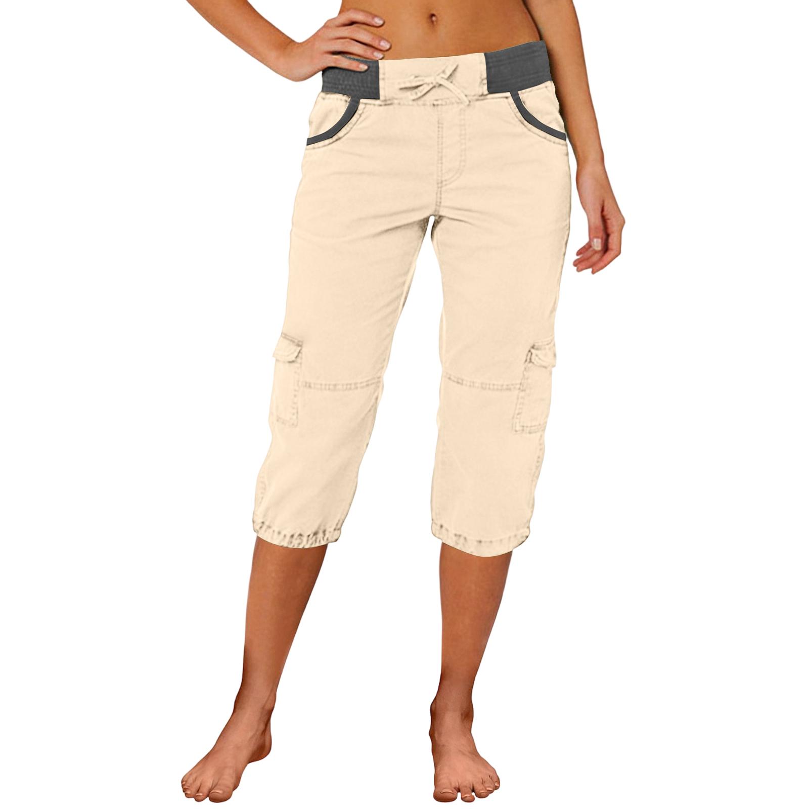 

Women Drawstring Waist Multi Pocket Loose Fit Cargo Capri Pants Casual Relaxed Fit Cropped Trousers for Outdoor Daily Wear XXL бежевый