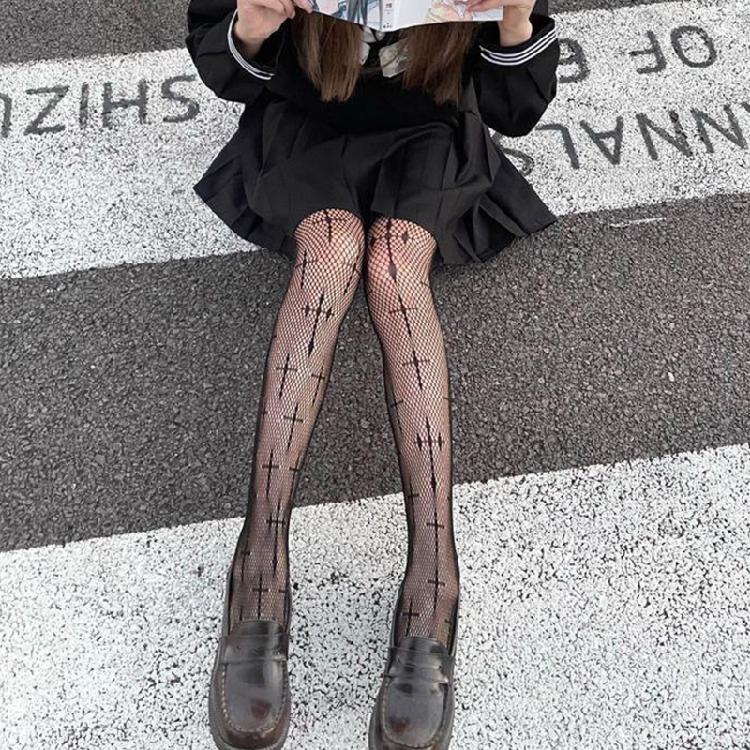 Gothic Punk Sheer Mesh Pantyhose Hosiery Tights for Women Halloween Vintage Crosses Pattern Fishnet Stockings Leggings