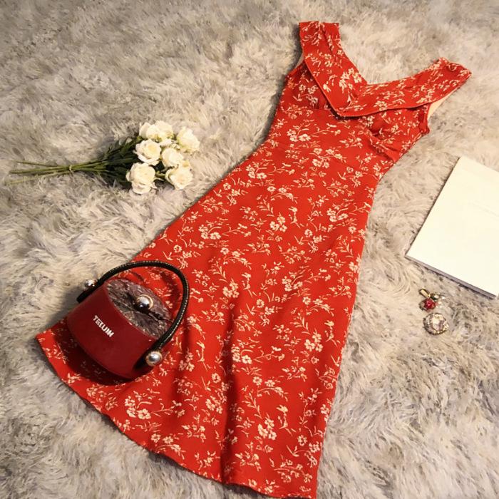 Goddess-Style Retro Floral Bodycon Camisole Dress with Ruffles Small