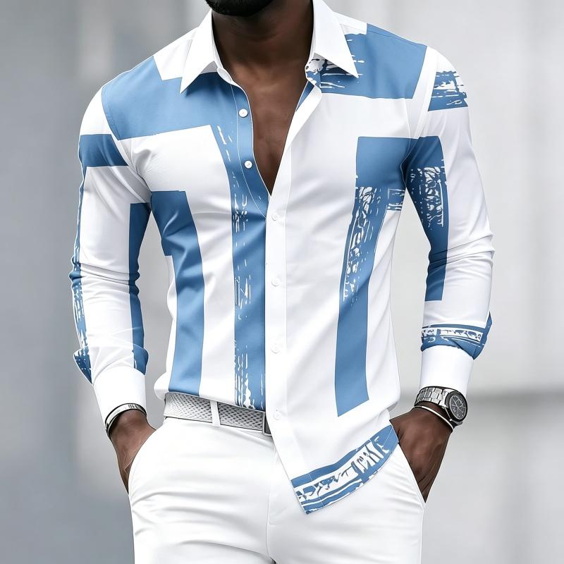Men's Black and White Geometric Coarse Stripe Printed Long Sleeved Lapel Shirt, Retro Slim Fit Shirt, Trendy Casual Men's Top