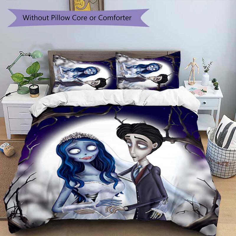 3-teiliges Trauerliebe Das Corpse Bride Muster Bettwäsche-Set Bettbezug-Set beinhaltet Bettbezug & Kissenbezüge, perfekte Ganzjahres-Schlafzimmerdekoration & Geschenk