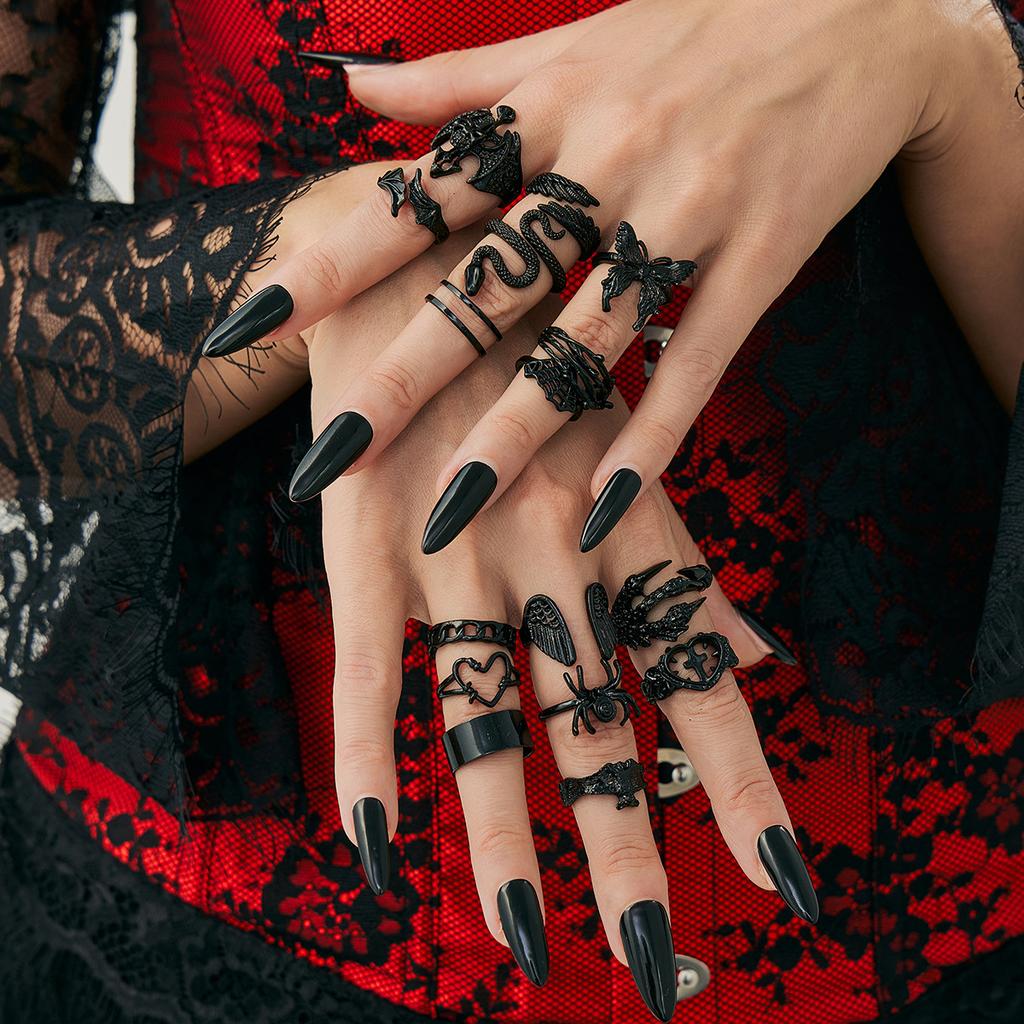 Halloween Jewelry Irregular Black Finger Rings Gothic Punk Black Snake Buttefly Spider Bat Heart Rings Set for Women Men