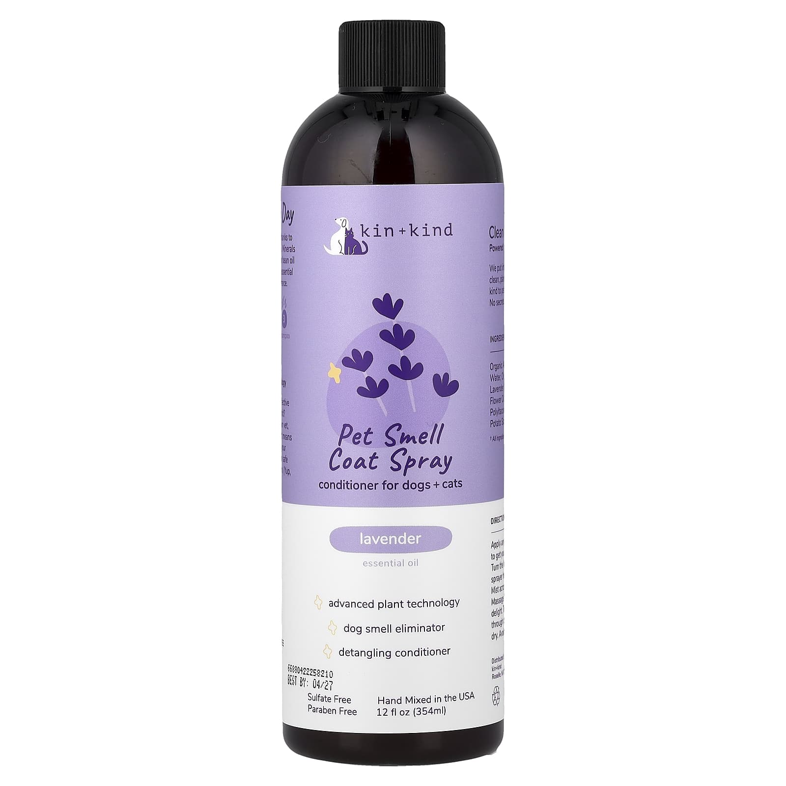 

Kin+Kind, Pet Smell Coat Spray Conditioner for Dogs and Cats, Lavender, 12 fl oz (354 ml)