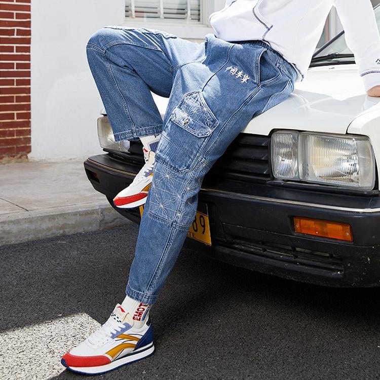 Li Ning Wu Chuang Wu Yi Sports Casual Straight Leg Jeans Men Jeans Blue AJQR015-1