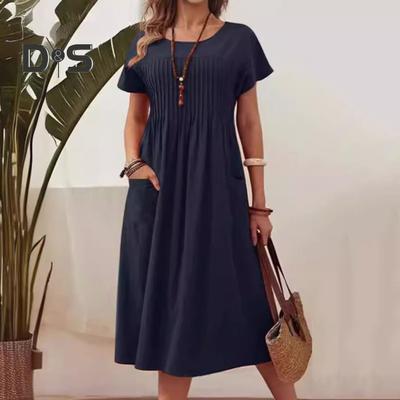 Women's Casual Dress Round Neck Short Sleeve Maxi Dress with Pocket Loose Fit Summer Dress for Office Daily Beach Party
