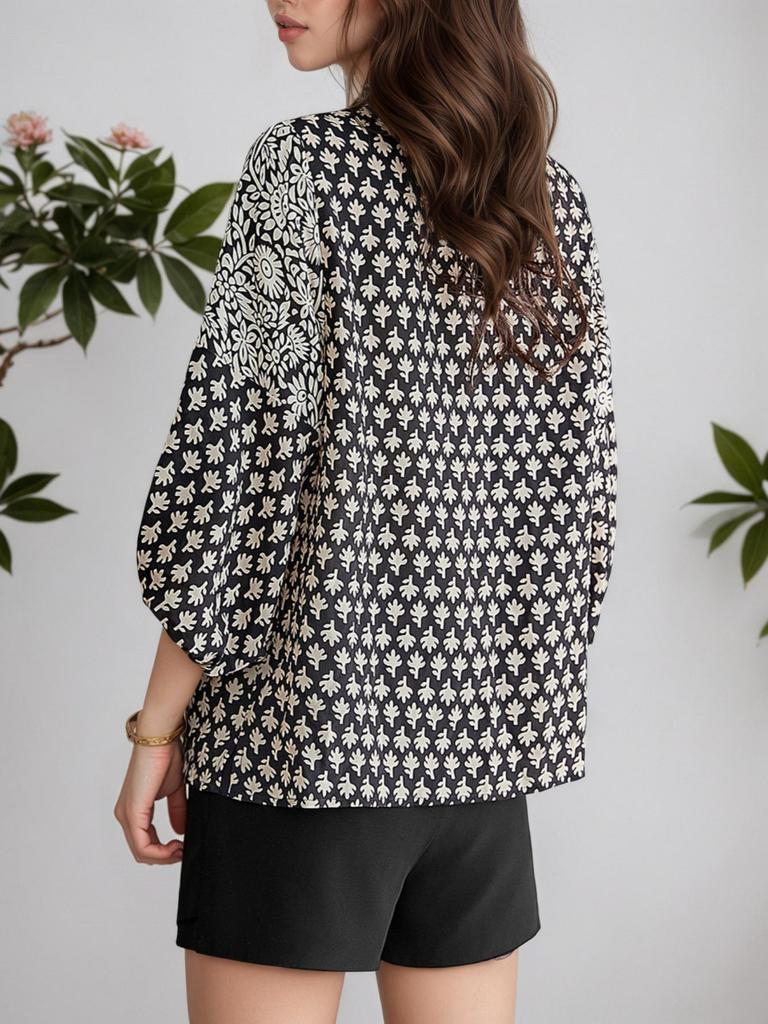 Retro Print Lace-Up Mid-Sleeve Chiffon Shirt - Women's European & American Style 2026