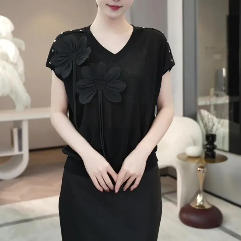 

Women s Black V-Neck Short Sleeve Midi Dress 3D Floral Applique Elegant Bodycon Commute Dress L чорний