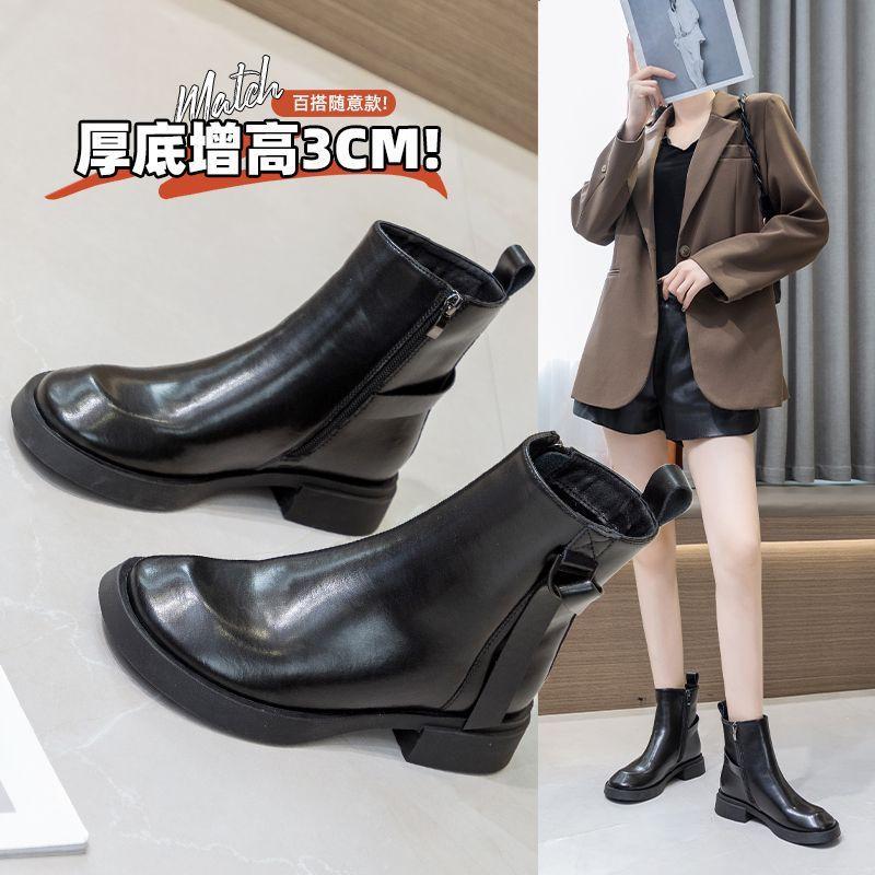 00B000000 leather women's short boots, square head thick heel 0 cm side zipper soft leather short boots, autumn and winter spot women's