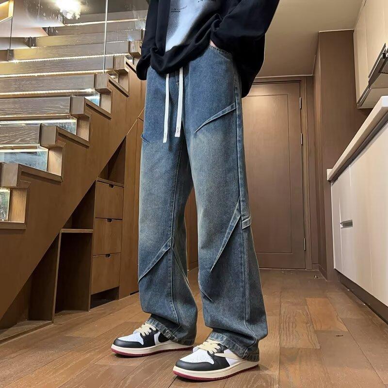 Retro jeans men's autumn new American fried street ruffian handsome casual pants teen loose straight wide-leg men's pants
