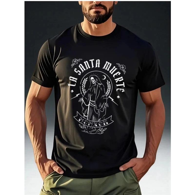 

European Size Men s Vintage Gothic T-Shirt - Death Saint Print,Edgy Design, Short Sleeve Round Neck Casual Summer Top for Themed Events &Casual Attire XL чорний