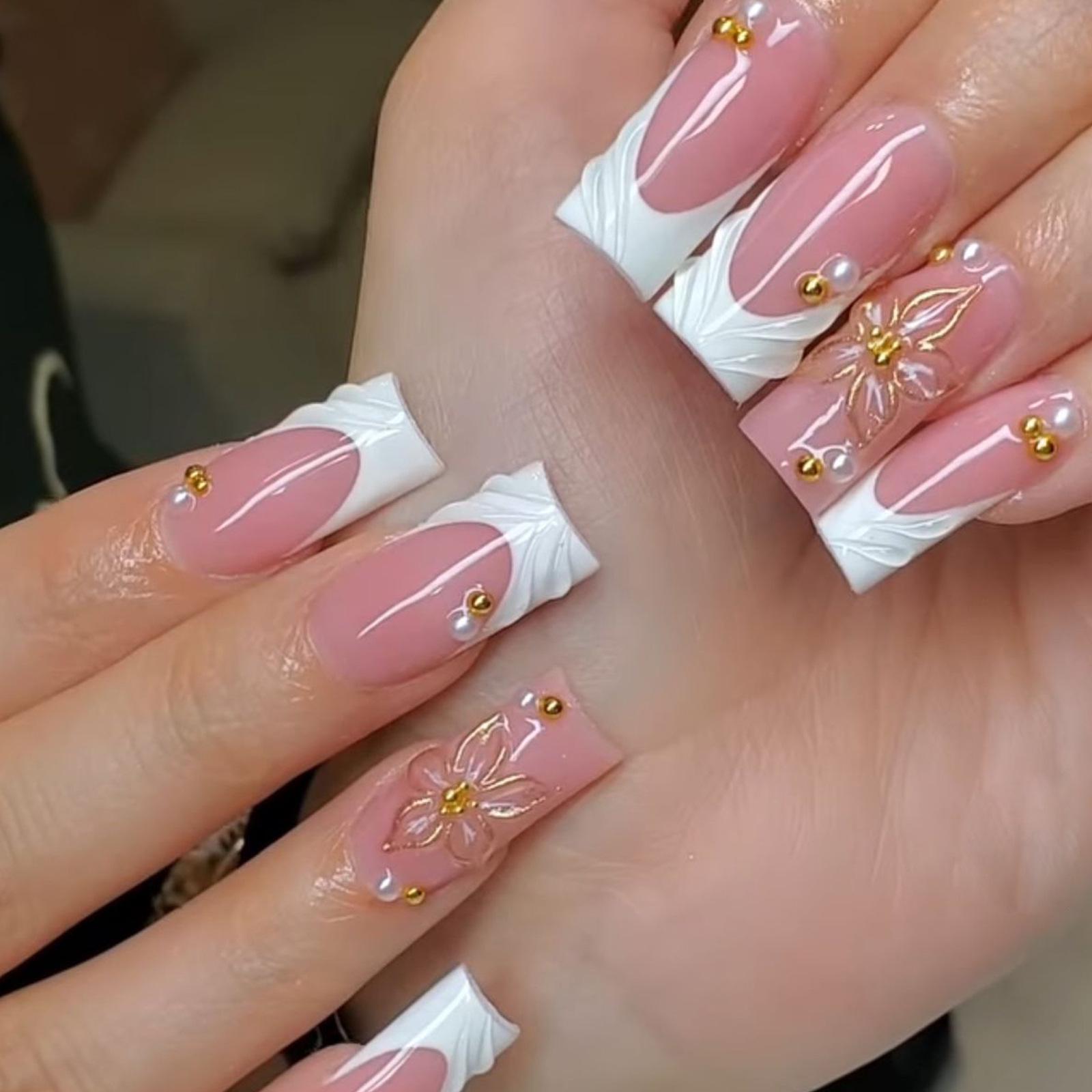 French White Long 3D Flower Nail Art Fake Nails - Wearable Nail Tips