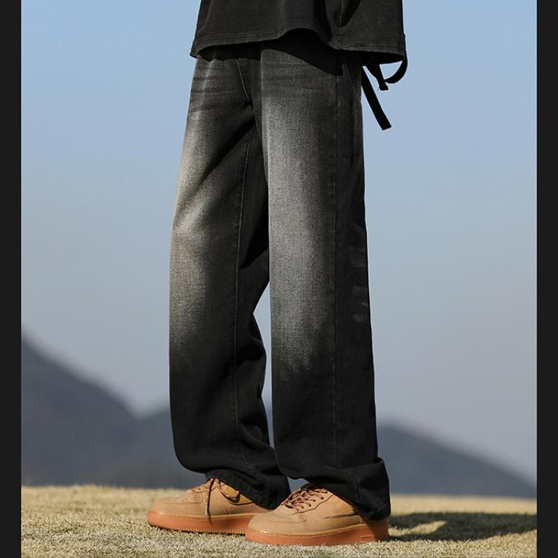 New 2025 Men's Student Four Seasons Washed Floor-Length Jeans Loose Straight Cut Retro Public Version Hong Kong Style