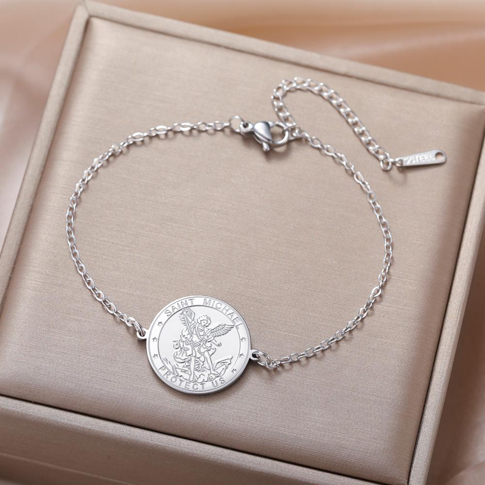 Dawapara Archangel Saint Michael Bracelet Double Sides Carved Charm Protect Us Prayer Amulet Stainless Steel Jewelry