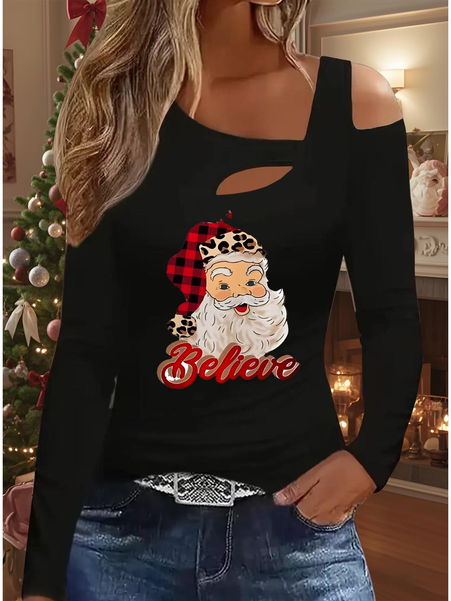 

Осень и Зима Женский Новый Повседневный Топ с Длинным Рукавом Рождественский Узор Идеальный Подарок на Хэллоуин Рождество Футболка S