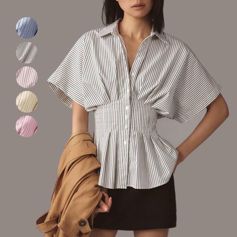 Women s Short Sleeve Shirt Button Down Ruffle Waist Striped Casual Blouse Multiple Colors S чёрный