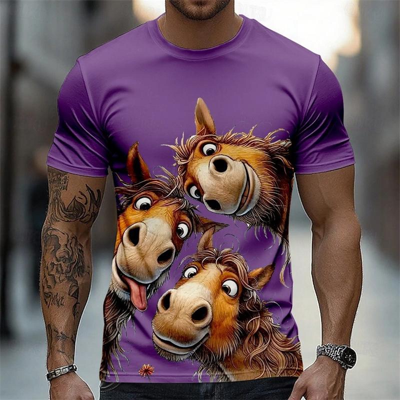 Cartoon Anime Horse Graphic T-shirt For Men Funny Casual 3D Animal Print O-neck Breathable Tee Shirts Summer Daily Leisure Tops