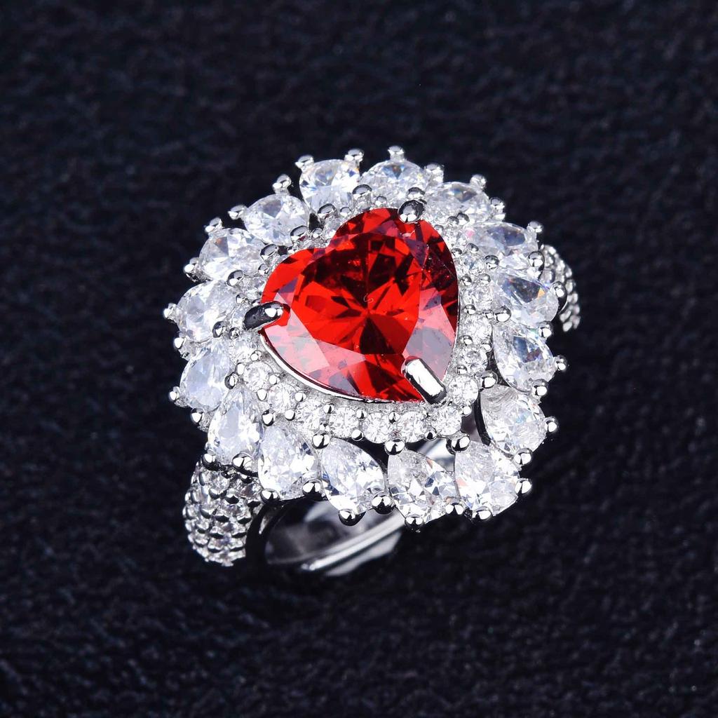 Imitation Natural Pomegranate Red Necklace, Princess Diana Love-Shaped Micro-Inlaid Ring Stud Earrings Pendant Set