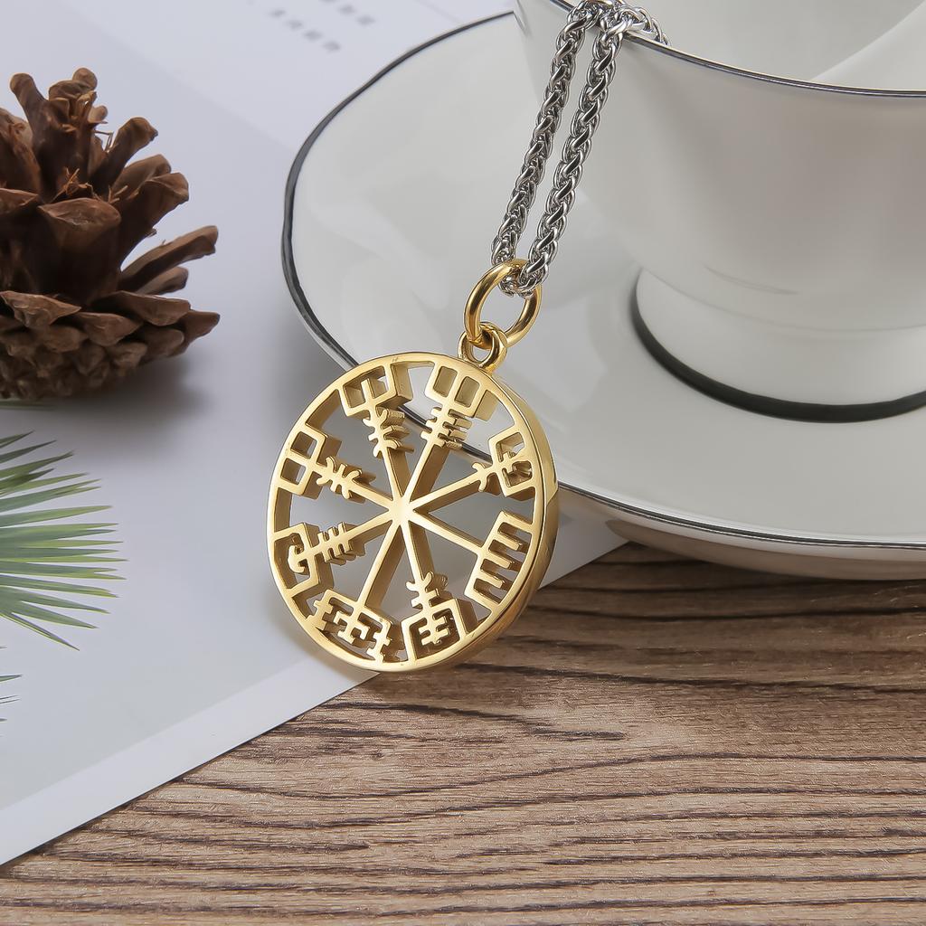 Gold Viking Necklace Men's, Viking Odin Logo Titanium Steel Hollow Compass Men's Pendant Necklace