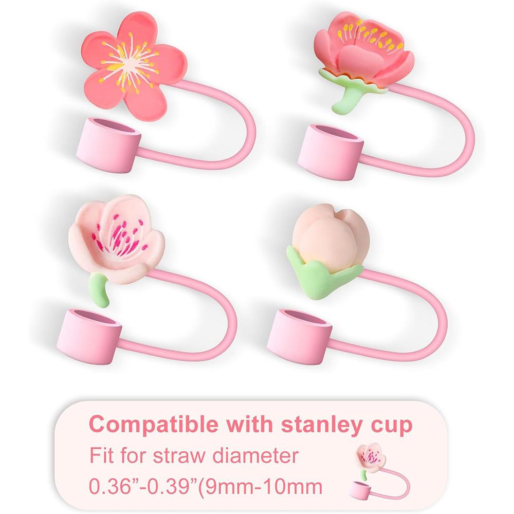 Cherry Flower Silicone Straw Cover For Stanley Cup Cute Silicone Flower Shape Drinking Dust Cap Straw Tips Cover Cup Accessories