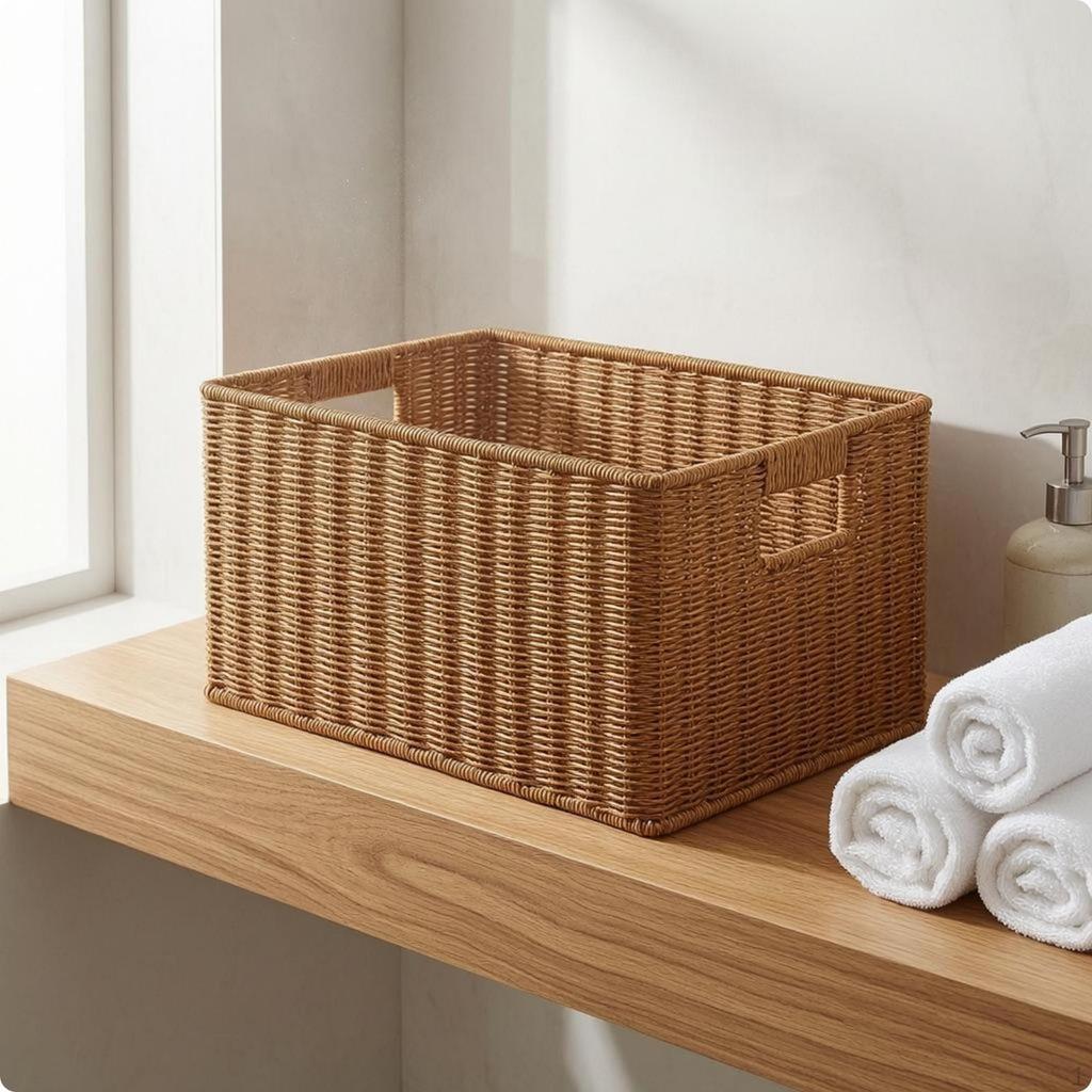 Rectangular Woven Basket Light Brown Container Reinforced rimed for Home Organization