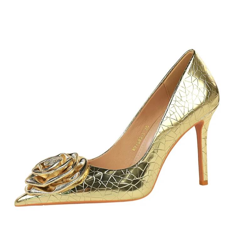 Fashion Silver Gold Flower Stone Patterned High-heeled Shoes European American Pointed Fashion Shopping Party Commuting Single Shoes 43