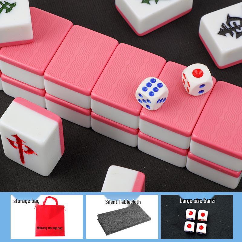 Pink Cute Mahjong Set: Hand-Rubbed Medium-Large Tiles with Tablecloth & Dice, Free Shipping