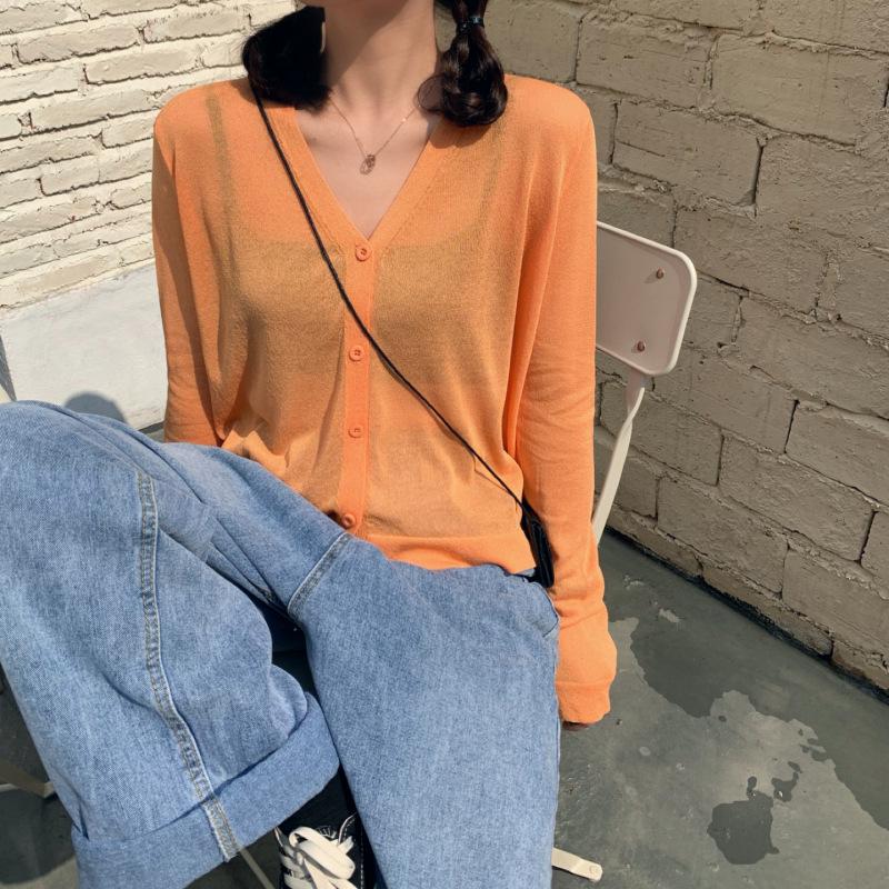 Women Summer Thin Knitted Shirt Top Cardigan V-Neck Full Sleeve Single-breasted Sunscreen Loose Solid Color