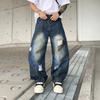 Mens Wide-Leg Straight Cut Distressed Denim Jeans Water-Washed Vintage Style Ripped Pants