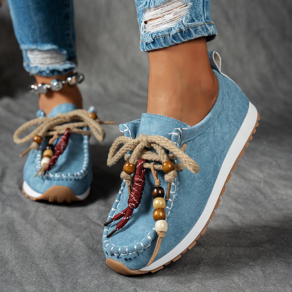 Ethnic style beaded loafers women's autumn new foreign trade large size front lace-up Doudou shoes
