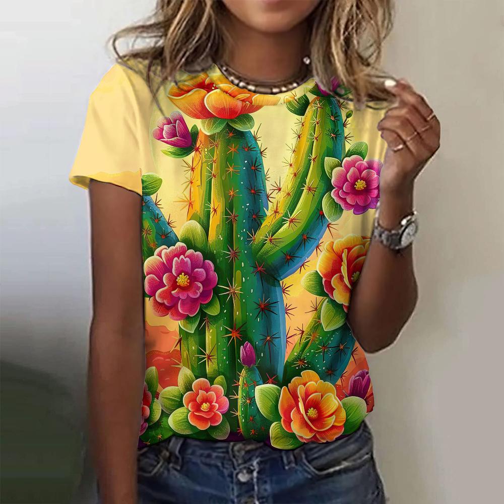 Letni T-shirt z kreskówkowym nadrukiem 3D, luźny krój, modny top z wzorem kaktusa, T-shirt z okrągłym dekoltem i krótkim rękawem, top damski