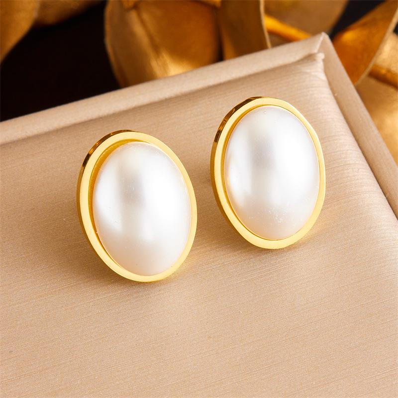 Gold Oval Mother of Pearl Stud Earrings for Women