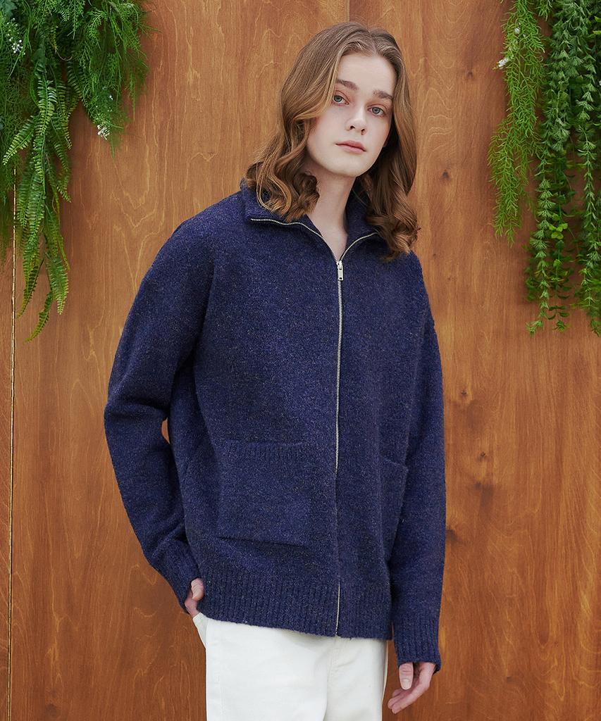 Blond9 Wool Boucle Full Zip Cardigan_Navy