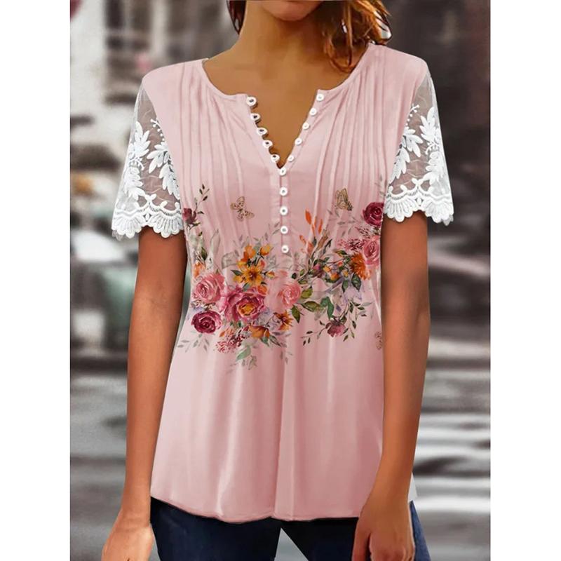 Sommer Neue Blumendruck Beiläufige Lose Blusen Frauen Mode Elegante Vintage Rüschen Spitze Kurzarm Shirts für Frauen Rundhals Slim Fit tops 26515