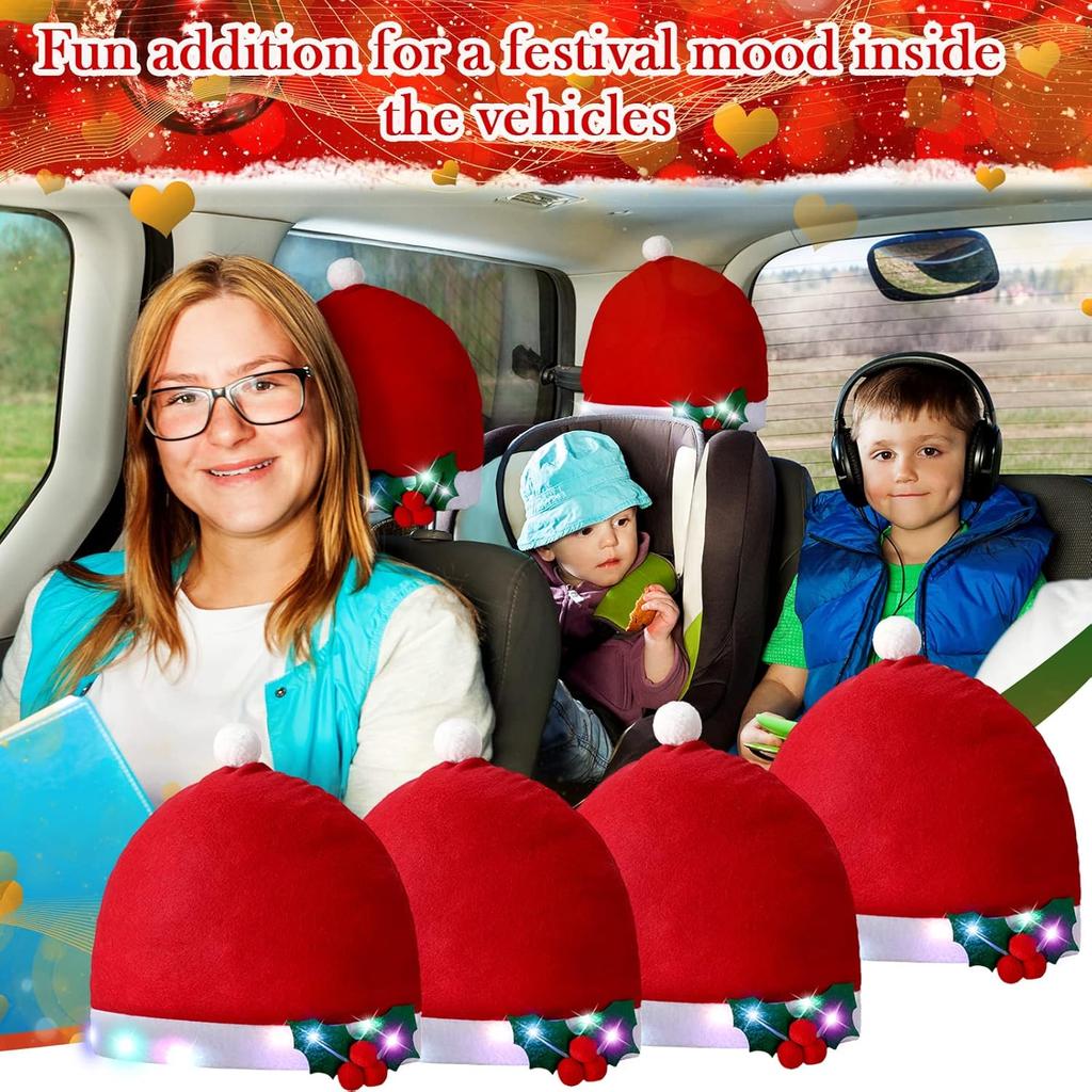 4 Pieces LED Santa Claus Hat Car Seat Headrest Covers Colorful Light Christmas Car Decoration Soft Car Seat Head Rest Cover Protector Interior