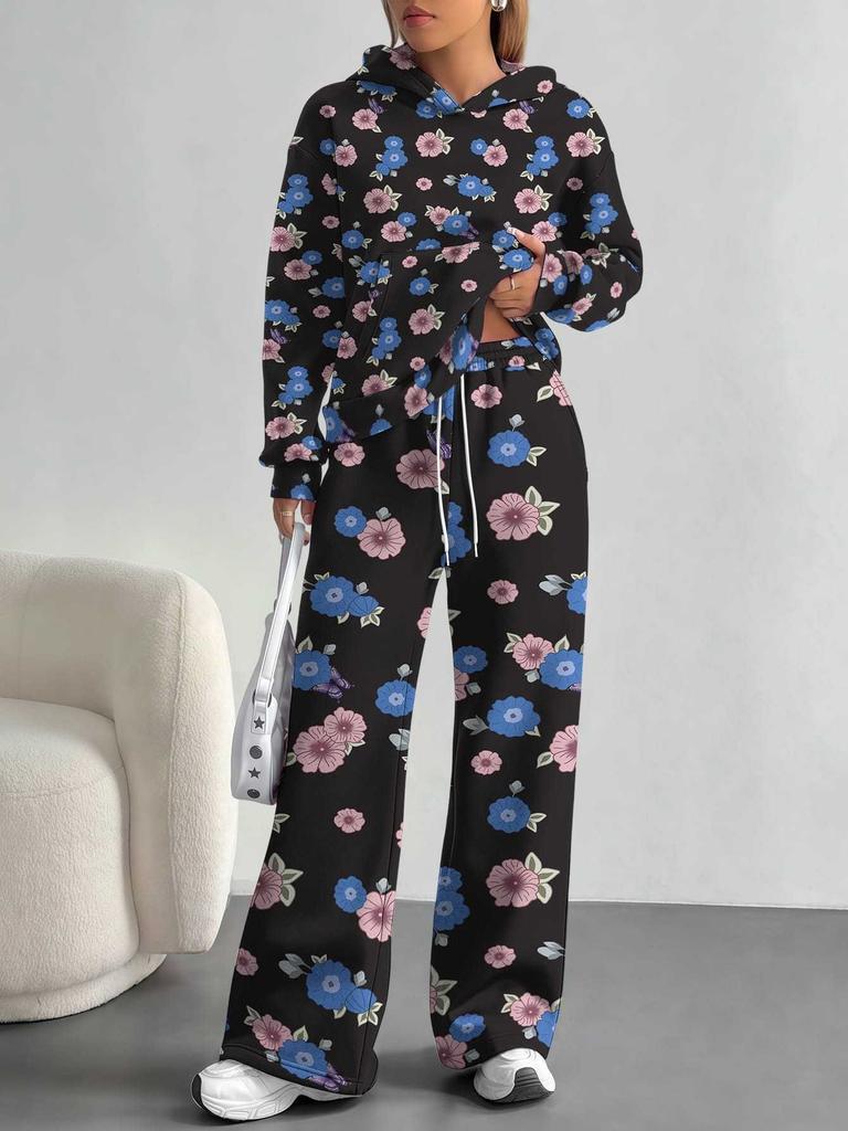 Flowers European, American Autumn and Winter Casual Long-sleeved Suit Women's Hooded Sweater Trousers Two-piece Set