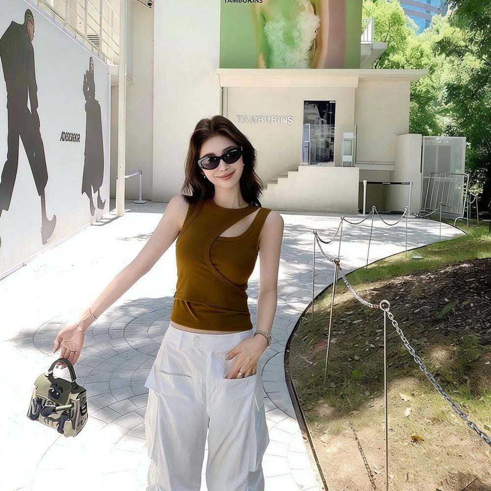 #Summer New Spice Girl Wind Diagonal Shoulder Strap Irregular Vest Women Slim Short Fixed with Chest Pad Top
