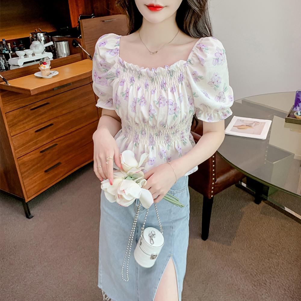 Chiffon Shirt Women's New Design Niche Floral Temperament Pure and Lustful Ins Waist-hugging Sweet and Versatile