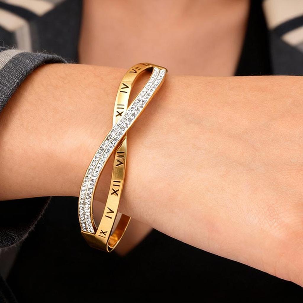 Shiny Zircon Crossed Stainless Steel Bangle Bracelet for Women, Gold Color Layered Stackable Female Waterproof Jewelry Gift