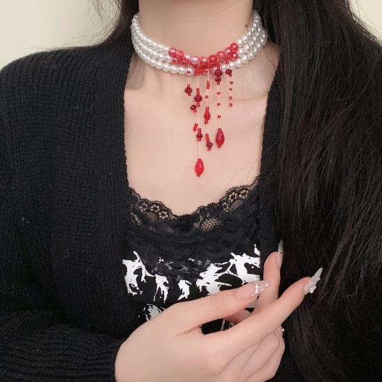 Gothic Necklace Blood Drop Charms Necklace Faux Pearl 3 Layer Chocker Necklace with Beaded Tassel for Halloween Horror Themed Parties Role-Playing