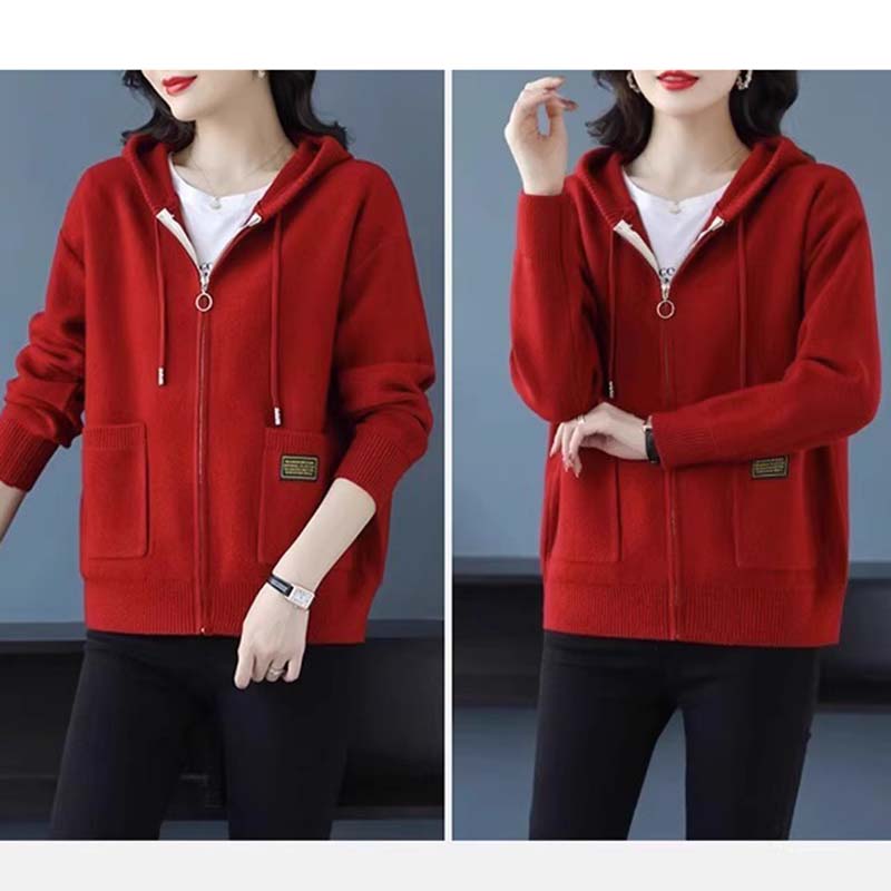 Cárdigan de Punto de Lana con Capucha de Color Sólido Otoño Mujeres Suéter de Manga Larga Holgado Cremallera Prendas de Punto Abrigo