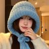 Blue Balaclava Hat Women's Autumn and Winter Warm Ear Protection Knitted Wool Hat Showing a Small Face and Cold-proof Bag Head Hat
