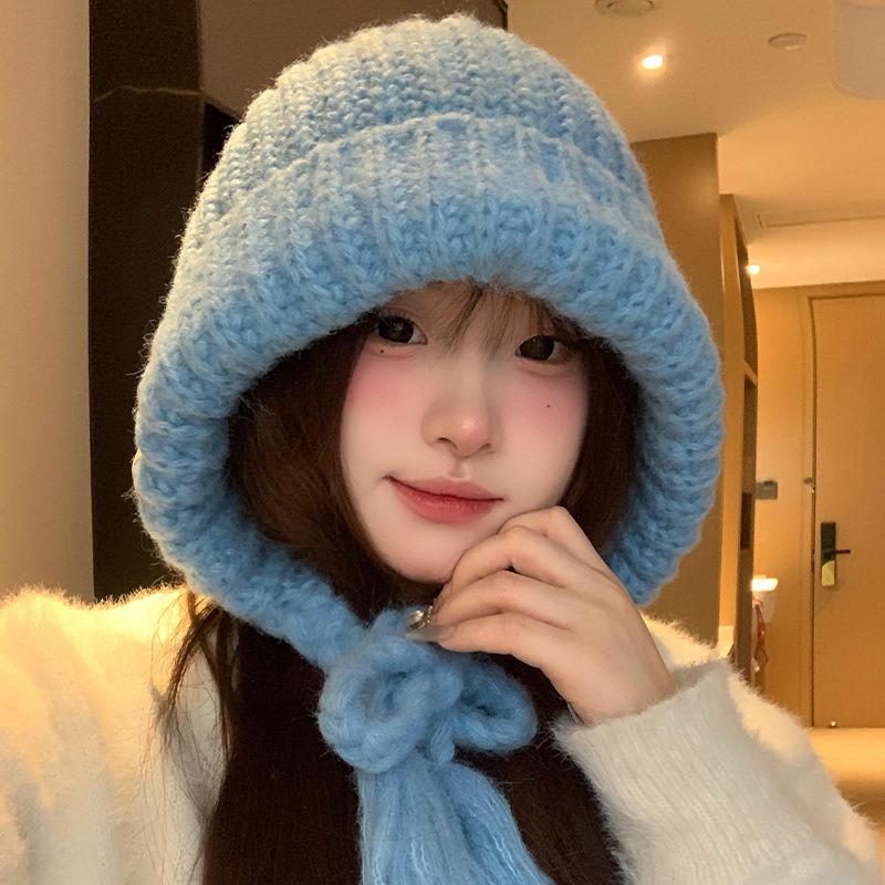 Blue Balaclava Hat Women's Autumn and Winter Warm Ear Protection Knitted Wool Hat Showing a Small Face and Cold-proof Bag Head Hat