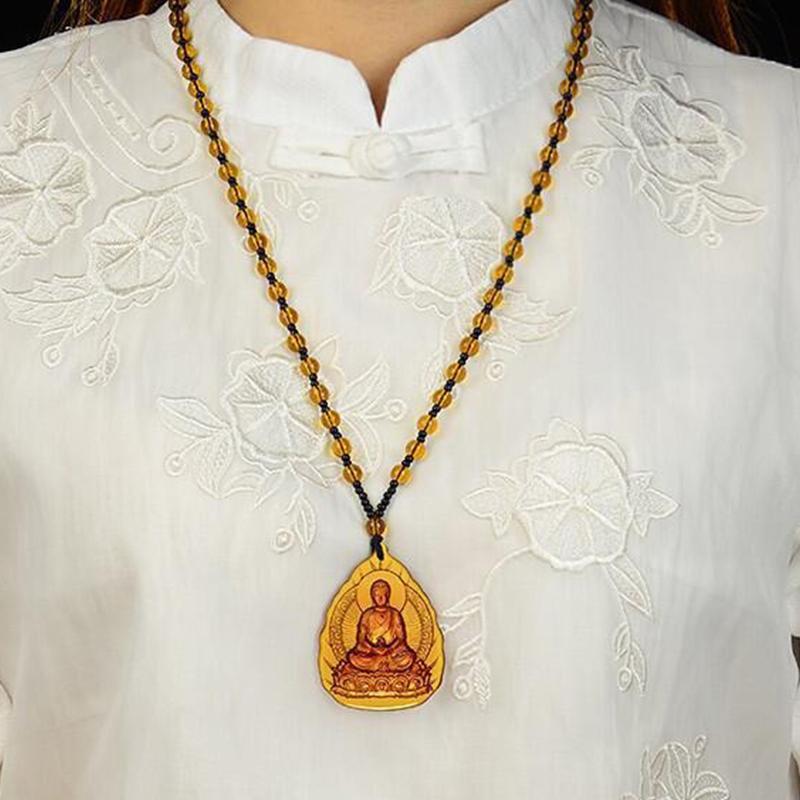 Ice Yellow  Lucky Pendant Long Sweater Necklace Manjushri Amitabha Tibetan Buddhism Religion Amulet Necklaces Unisex Gift