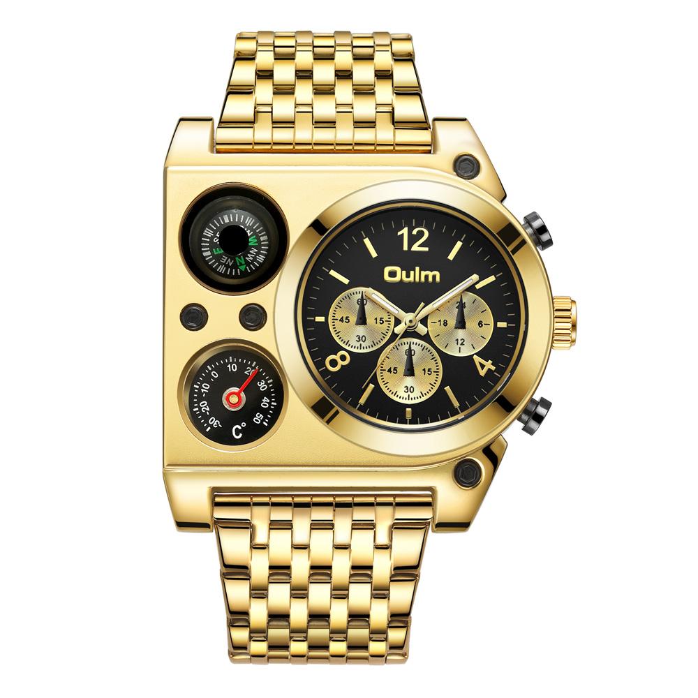 OULM-9315A Military Watch compass Temperature Display Movement Three Time Clock Big Dial Quartz Men WristWatch relogio masculino