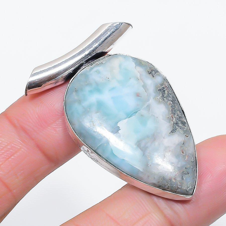 Natural Larimar Gemstone Handmade 925 Sterling Silver Jewelry Pendant 1.89" n0L43