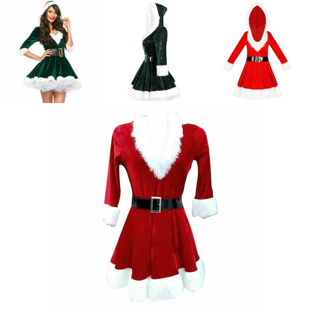 Festive Women's Girls Santa Claus Christmas Costume With Soft Velvet And Faux Fur Trim